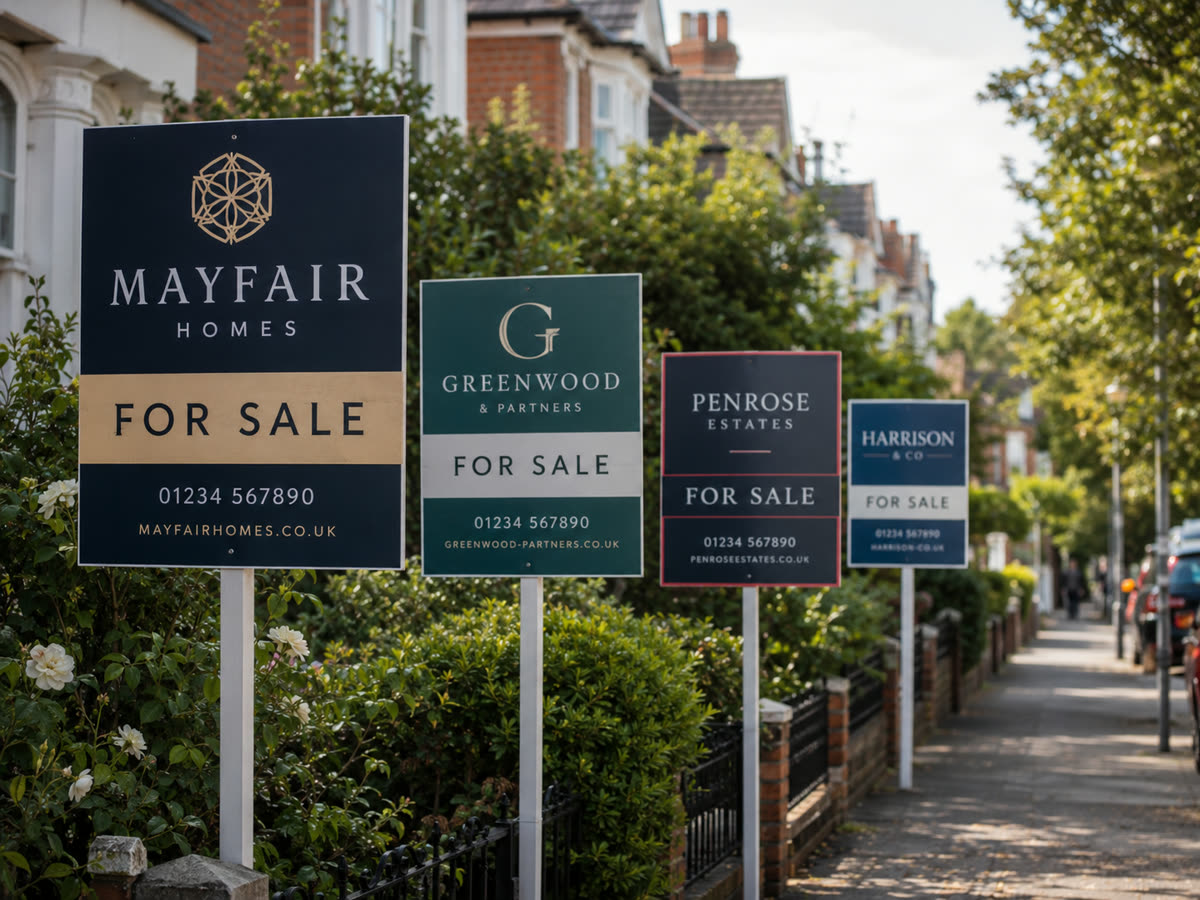 For Sale boards from different local estate agents lined up along a street