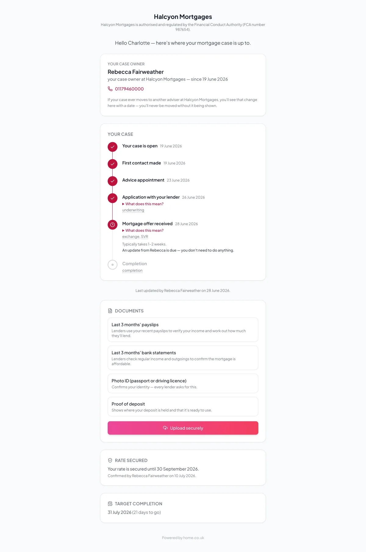 A live mortgage case tracker showing the case owner, case progress timeline from case opened through to completion, required documents, and target completion date.