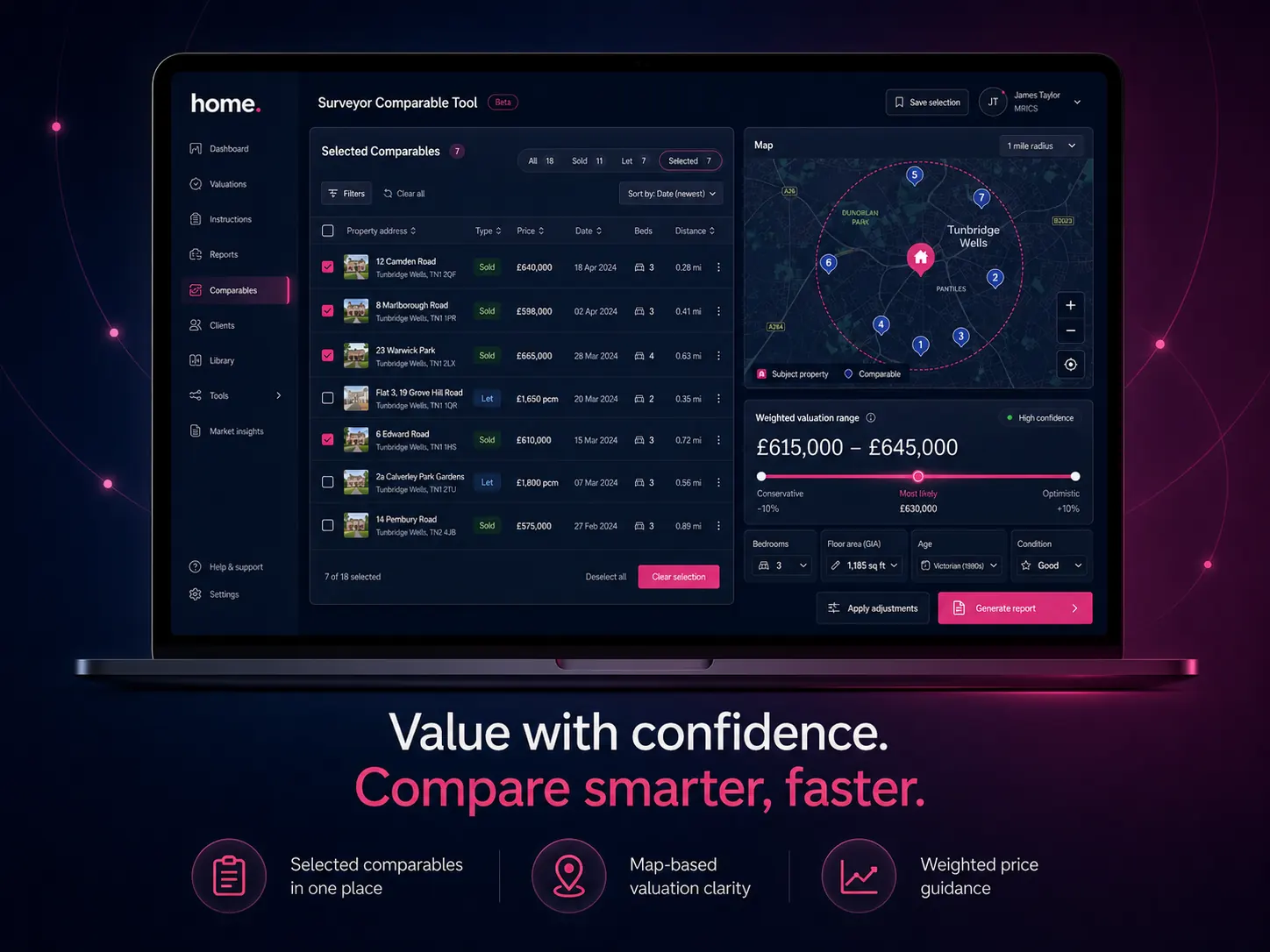 Home.co.uk Comparable Tool — selected sold and rental comparables, 1-mile radius map and a weighted valuation range, a modern alternative to the Rightmove Surveyors Comparable Tool